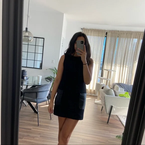 Sandro | Dresses | Sandro Black Mini Wool Dress With Lamb Leather Pockets |  Poshmark